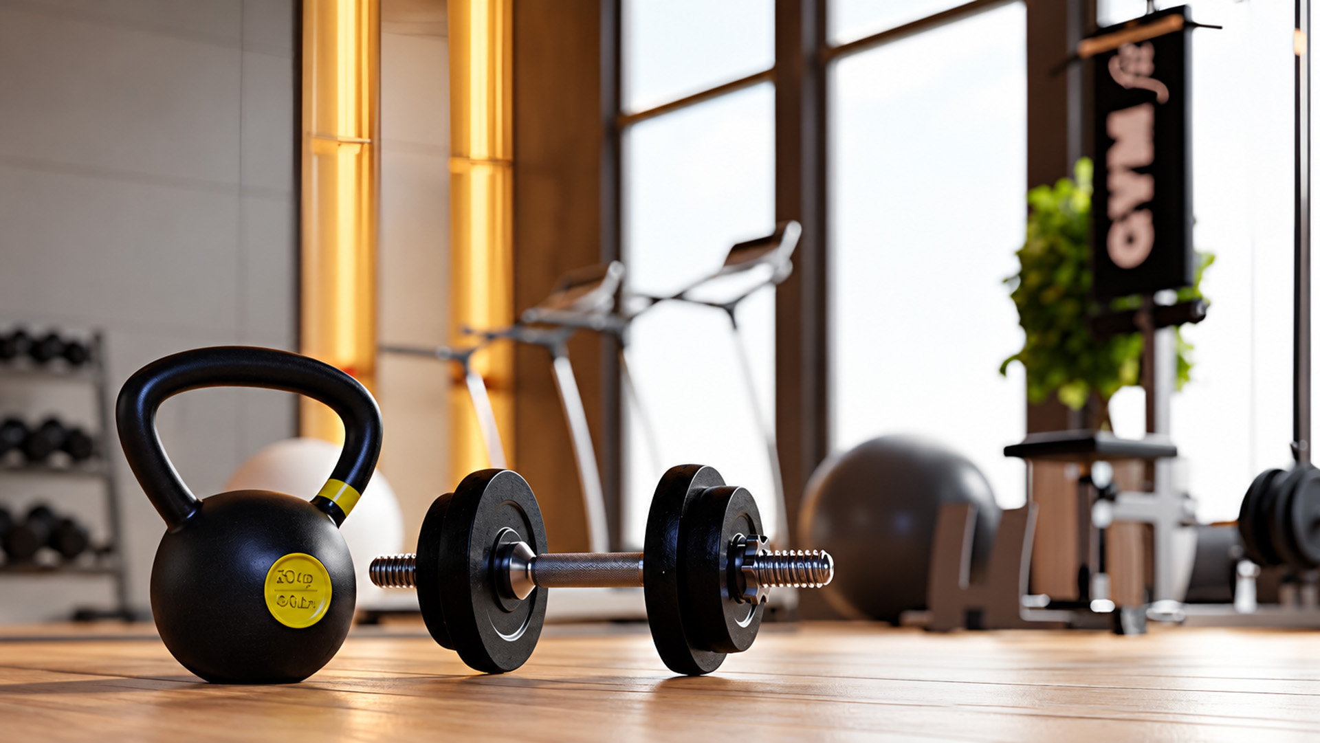 Gym kettlebell and dumbbell on wooden floor